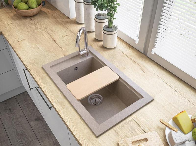 Graniteland Magra Granit Beige Sand Einbauspüle 686 x 427 mm mit Hahnlochbank und Edelstahl-Stecker 1208970617