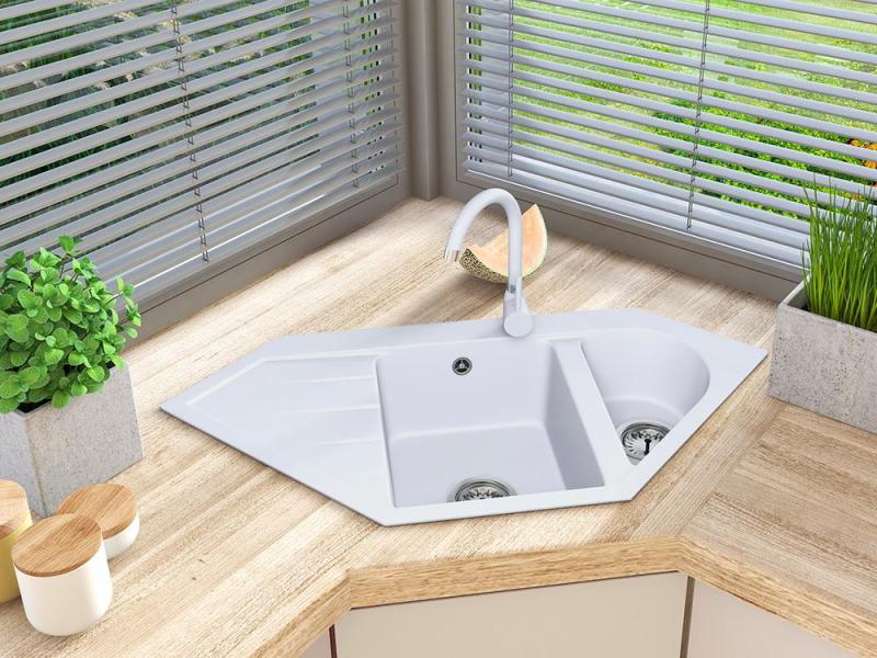 Graniteland Amiata Granit Weißes Eckwaschbecken Aufsatz 965 x 496 mm mit Edelstahlstopfen 1208970622