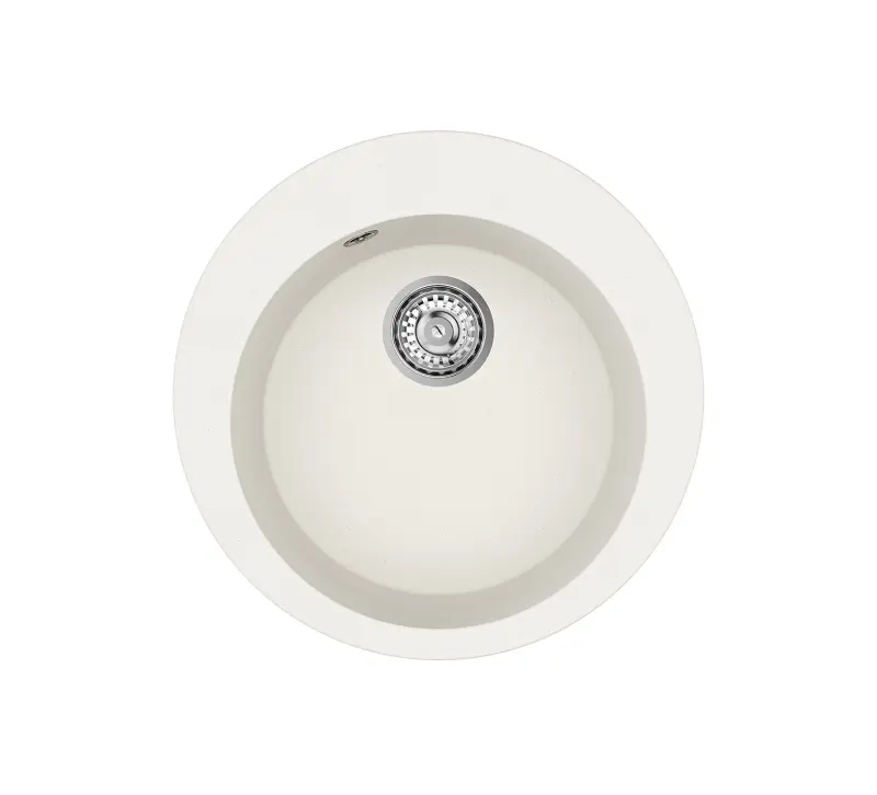 AquaGranite Lago Weißes Granit-Rundbecken Aufsatzwaschbecken 505mm mit Edelstahlstopfen und 1 Hahnloch 1208970689