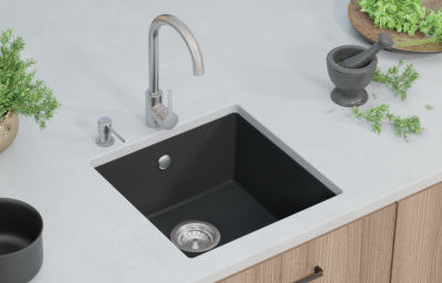 GraniteMy Universal Granit Grau, dunkel Spülbecken 40x40 cm Aufbau, Unterbau und Flächenbündiger Einbau mit Kupfer-Plug 1208970749