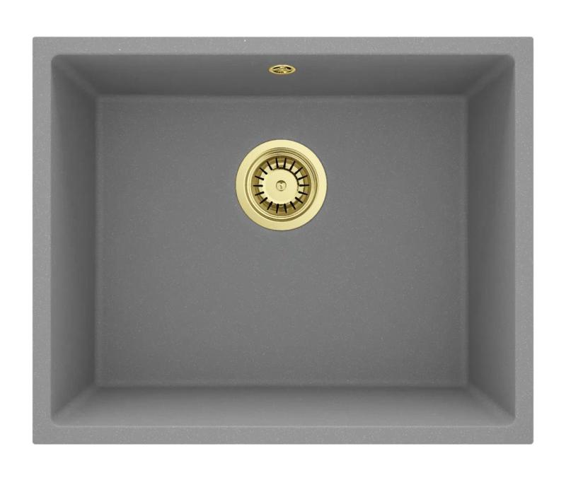 GraniteMy Universal Granit Grau Spüle 50x40 cm Aufbau, Unterbau und Flächenbündiger Einbau mit Goldenem Stöpsel 1208970760