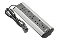 Schreibtischverlängerungskabel mit abgewinkelten 3x UK Steckdosen, 2xUSB 2.1A 5V (Silber) ENGLISCHE VERSION