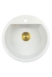 GraniteMy Bremen runder Granitspülbecken 43 cm weiß Aufbau und Unterbau mit Armaturenlochbank mit Goldstecker 1208971219