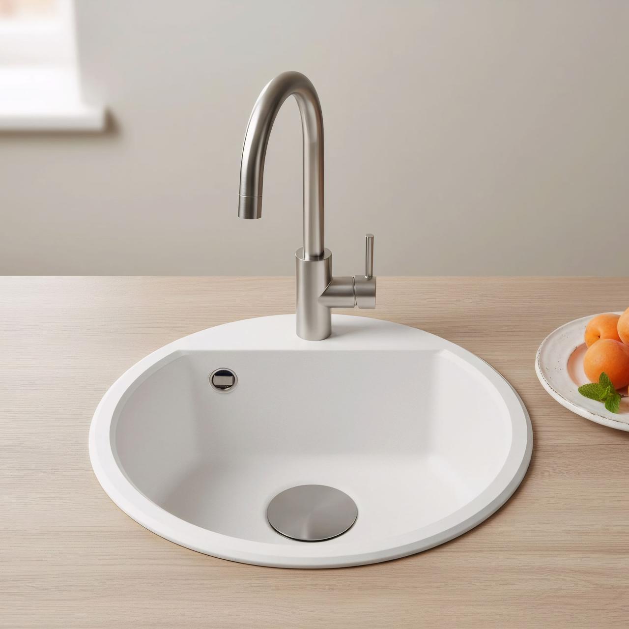 GraniteMy Bremen runde Granitspüle 43 cm weiß Auf- und Unterbau mit Wasserhahnlochbank mit Gun Metal Plug 1208971220