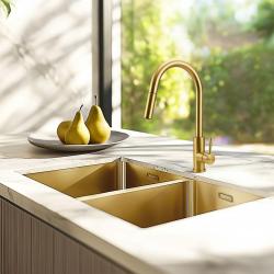 Pure.Sink Prestige Doppelte Goldene Spüle 70x40 cm 10mm Radius Unterbau, Flachbau und Aufbau PPG343440-60