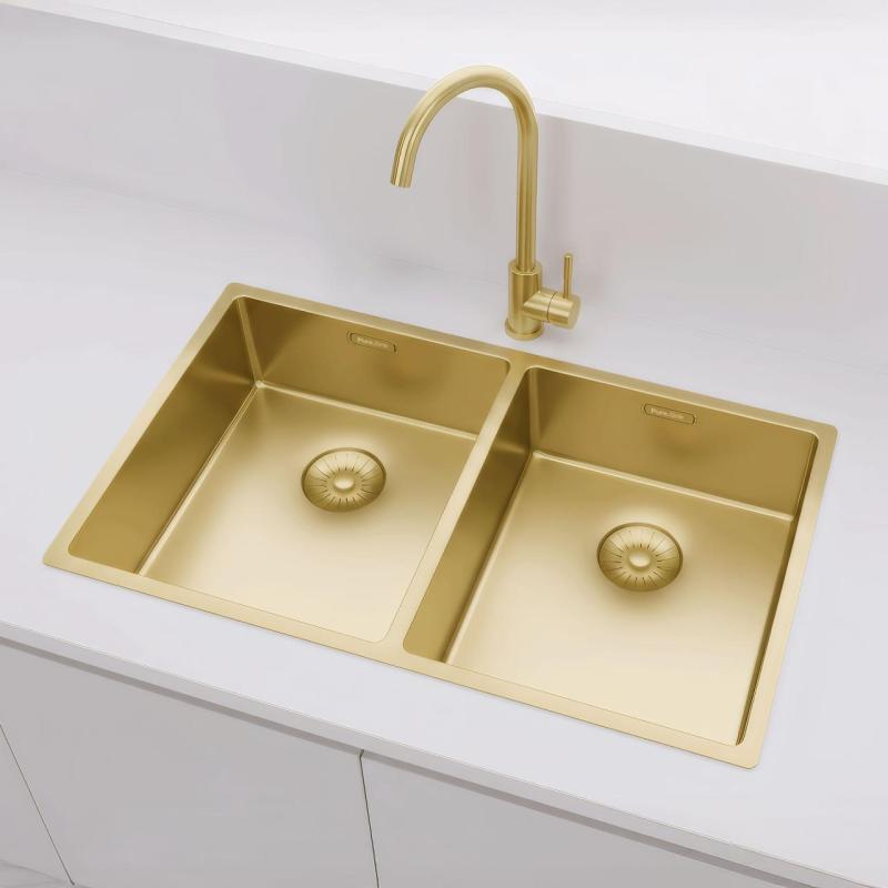 Pure.Sink Prestige Doppelte Goldene Spüle 70x40 cm 10mm Radius Unterbau, Flachbau und Aufbau PPG343440-60