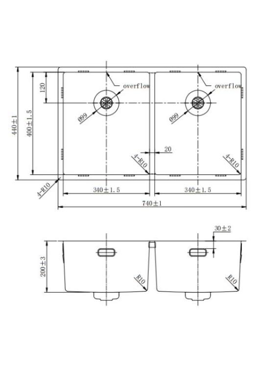 Pure.Sink Prestige Doppeltes Kupfer Spülbecken 70x40cm 10mm Radius Unterbau, Flächenbündiger Einbau und Aufbau PPG343440-62