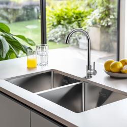 Pure.Sink Prestige Doppelte Edelstahlspüle 82x40 cm 10mm Radius Unterbau, Flachbau und Aufbau PPG404040-02