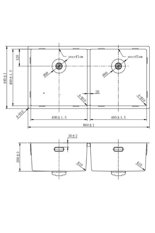 Pure.Sink Prestige Doppelte Kupferspüle 82x40 cm 10mm Radius Unterbau, Flachbau und Aufbau PPG404040-62