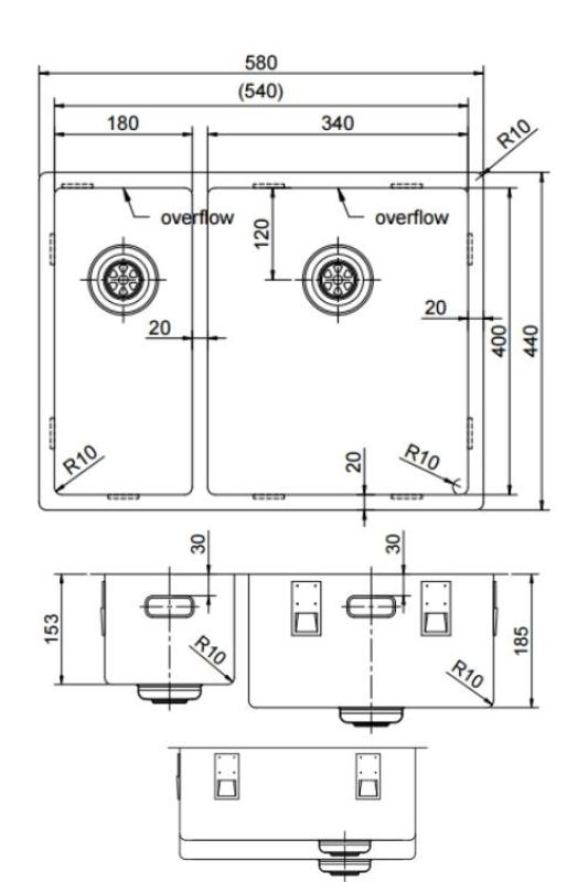 Pure.Sink Exclusivo RVS 1,5 anderthalbe Spüle 18+34 cm 10mm Radius PEX183440-02