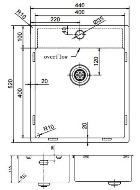 Pure.Sink Exclusivo Goldene Spüle 44x52 cm Tapwing mit Hahnlochbank 10mm Radius PEX4040T-60