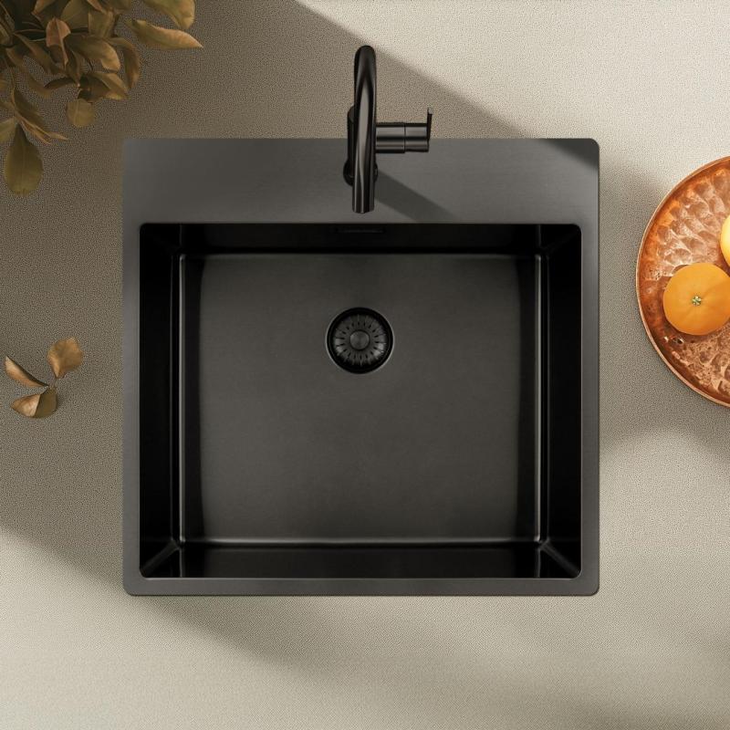 Pure.Sink Exclusivo Gun Metal Spüle 54x52 cm Tapwing mit Lochbank für Wasserhahn 10mm Radius PEX5040T-61