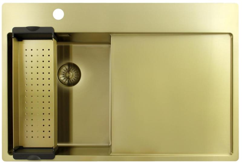 Pure.Sink Exclusivo Goldenes kleines Spülbecken mit Abtropffläche 78 x 52 cm Wasserhahn links PEX3478LT-60