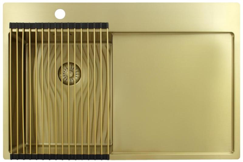 Pure.Sink Exclusivo Goldenes kleines Spülbecken mit Abtropffläche 78 x 52 cm Wasserhahn links PEX3478LT-60