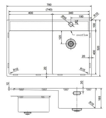 Pure.Sink Exclusivo Kupfer kleines Spülbecken mit Abtropffläche 78x52 cm Tapwing rechts PEX3478RT-62