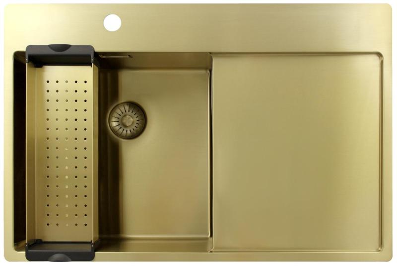 Pure.Sink Exclusivo Goldfarbene Spüle mit Abtropffläche 78 x 52 cm Wasserhahn links PEX4078LT-60