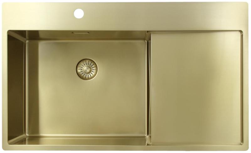 Pure.Sink Exclusivo Goldfarbene Spüle mit Abtropffläche 86 x 52 cm Wasserhahn links PEX5086LT-60