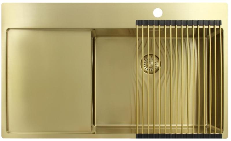 Pure.Sink Exclusivo Goldene Spülbecken mit Abtropffläche 86x52 cm Tapwing rechts PEX5086RT-60