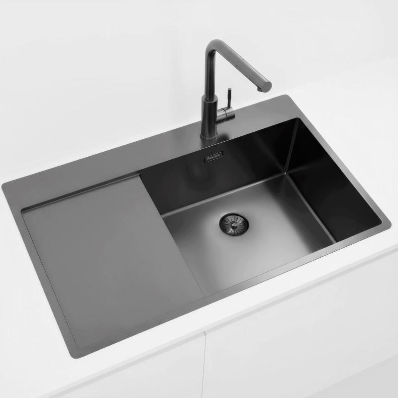 Pure.Sink Exclusivo Gun Metal Spülbecken mit Abtropffläche 86x52 cm Tapwing rechts PEX5086RT-61