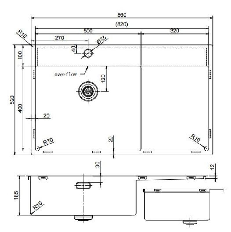Pure.Sink Exclusivo Kupfer Spülbecken mit Abtropffläche 86x52 cm Tapwing rechts PEX5086RT-62