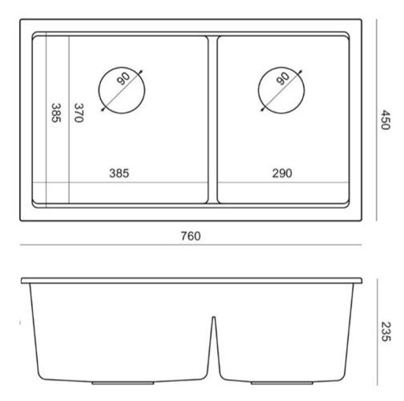 Quadri Newport II Doppelte Graue Granit Aufbau Spüle 76x45 cm mit Edelstahl Stopfen 1208971370