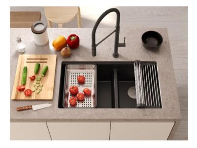 Quadri Newport II Doppelte Schwarze Granit Unterbau Spüle 702 x 390 mm mit goldenem Stopfen 1208971381