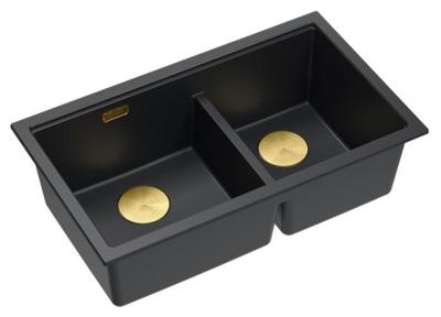 Quadri Newport II Doppelte Schwarze Granit Unterbau Spüle 702 x 390 mm mit goldenem Stopfen 1208971381