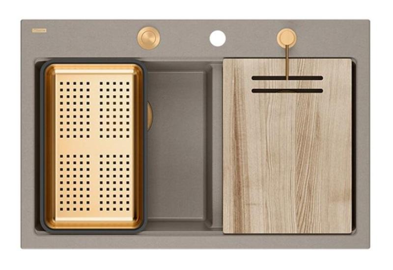 Quadri Hard Rock Doppelte Taupe Granit Aufbau Spüle 76x50 cm mit Kupferstöpsel und Zubehör 1208971391