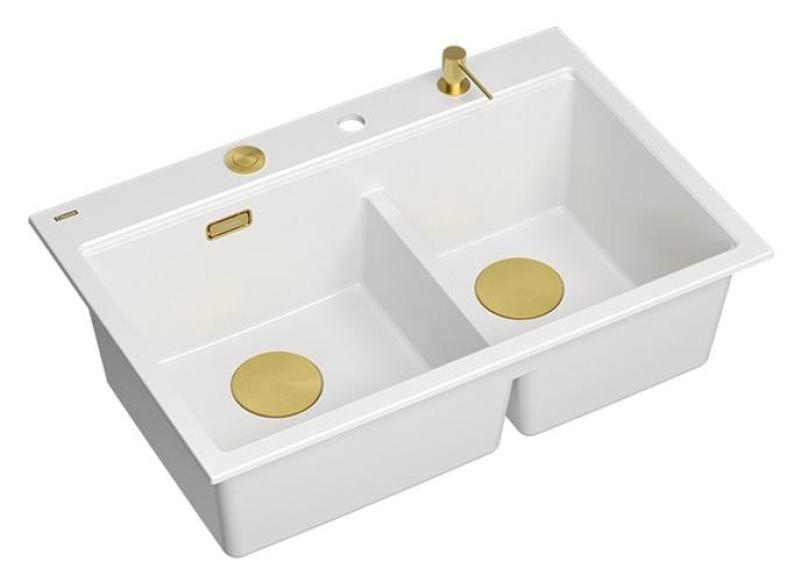 Quadri Hard Rock Doppelter Weißer Granit Aufbauwaschbecken 76x50 cm mit goldenem Stopfen und Zubehör 1208971392