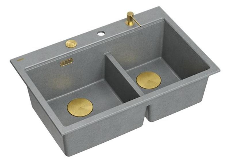 Quadri Hard Rock Doppelgraue Granit-Aufbauspüle 76x50 cm mit goldenem Stopfen und Zubehör 1208971394