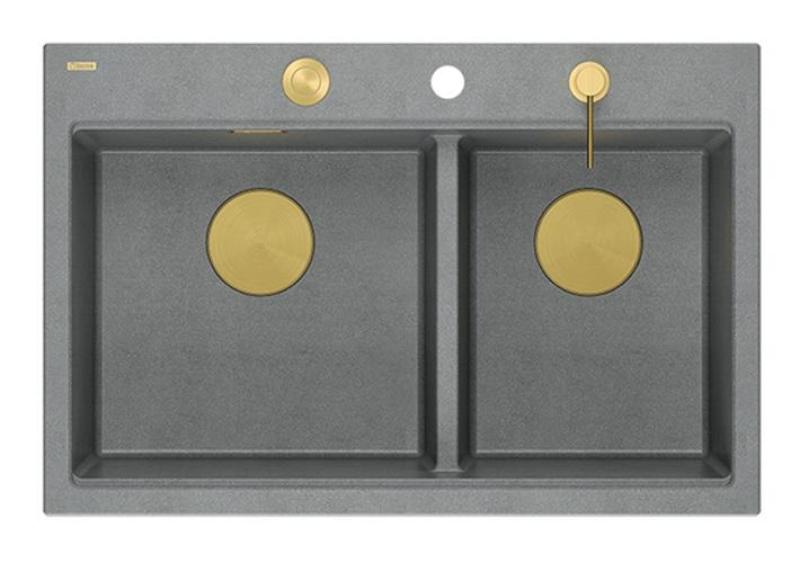 Quadri Hard Rock Doppelgraue Granit-Aufbauspüle 76x50 cm mit goldenem Stopfen und Zubehör 1208971394