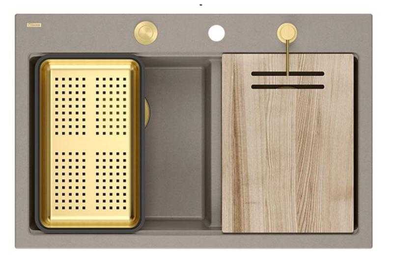 Quadri Hard Rock Doppel Taupe Granit Aufbau Spülbecken 76x50 cm mit goldenem Stecker und Zubehör 1208971396