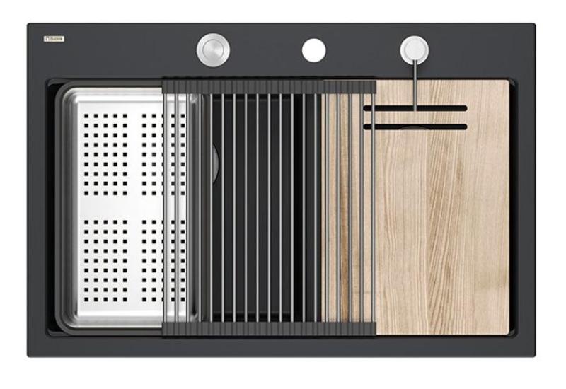 Quadri Hard Rock Doppeltes Schwarzes Granit Aufbauspüle 76x50 cm mit Edelstahl-Stopfen und Zubehör 1208971401