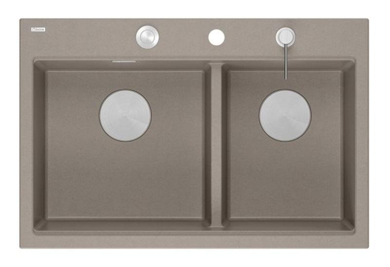 Quadri Hard Rock Doppel Taupe Granit Aufbau Spüle 76x50 cm mit Edelstahl Stopfen und Zubehör 1208971402