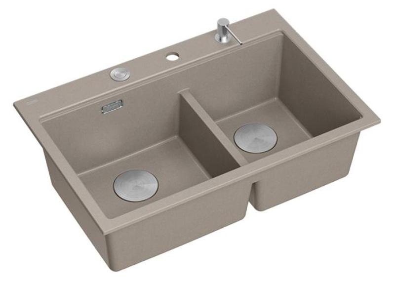 Quadri Hard Rock Doppel Taupe Granit Aufbau Spüle 76x50 cm mit Edelstahl Stopfen und Zubehör 1208971402