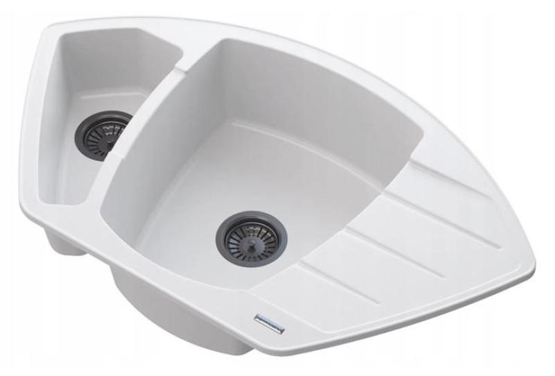 Graniteland Monte Granit Weiß Eckspülbecken Aufbau 901x538mm mit Edelstahl Stopfen 1208971415