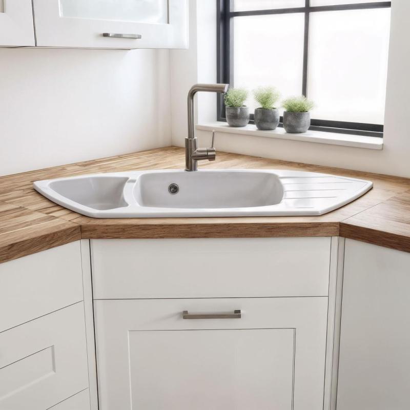 Graniteland Monte Granit Weiß Eckspülbecken Aufbau 901x538mm mit Edelstahl Stopfen 1208971415