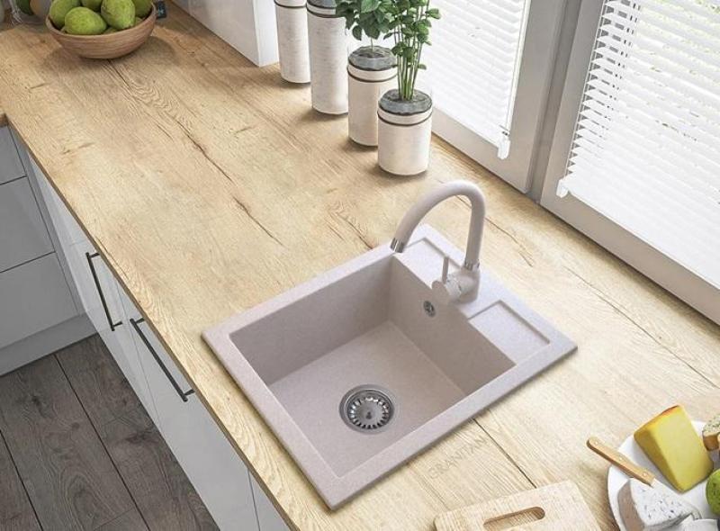 Graniteland Prest Granit beige Spülbecken Tapwing mit Lochbank für Wasserhahn Aufbau 400x500mm mit Edelstahlstöpsel 1208971422