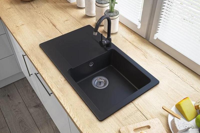 Graniteland Liri Granit Schwarzes Spülbecken mit Abtropffläche 765x448 mm 1208971438