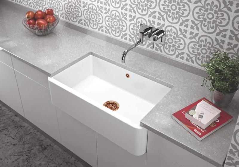 Ausmann Ceramic Mira Keramische Weißes Spülbecken - Unterbau und Zwischenbau 795 x 460 mm mit Kupferstopfen 1208971467