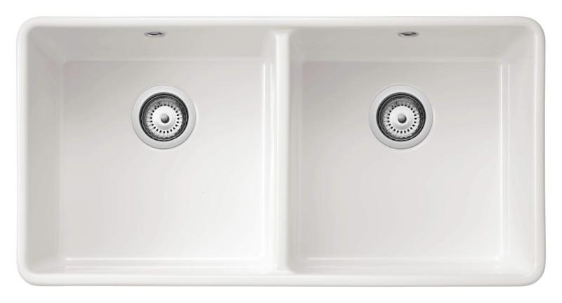 Ausmann Ceramic Mira Keramische Weiße Doppelspüle - Unterbau und Zwischenbau 890 x 456 mm mit Weißen Stopfen 1208971475