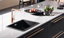 Ausmann Ceramic Ember Keramische Matte Schwarz Quadratische Spüle Aufbau und Unterbau 40 x 40 cm mit Kupferstöpsel 1208971487