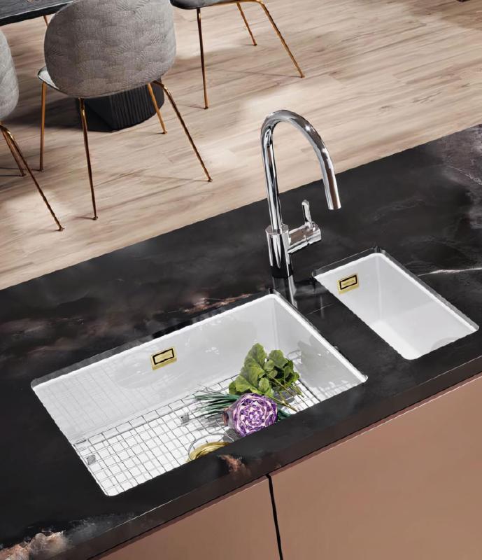 Ausmann Ceramic Ember Keramische Weiße Halbspüle Aufbau und Unterbau 174 x 400 mm mit Goldenem Stecker 1208971501