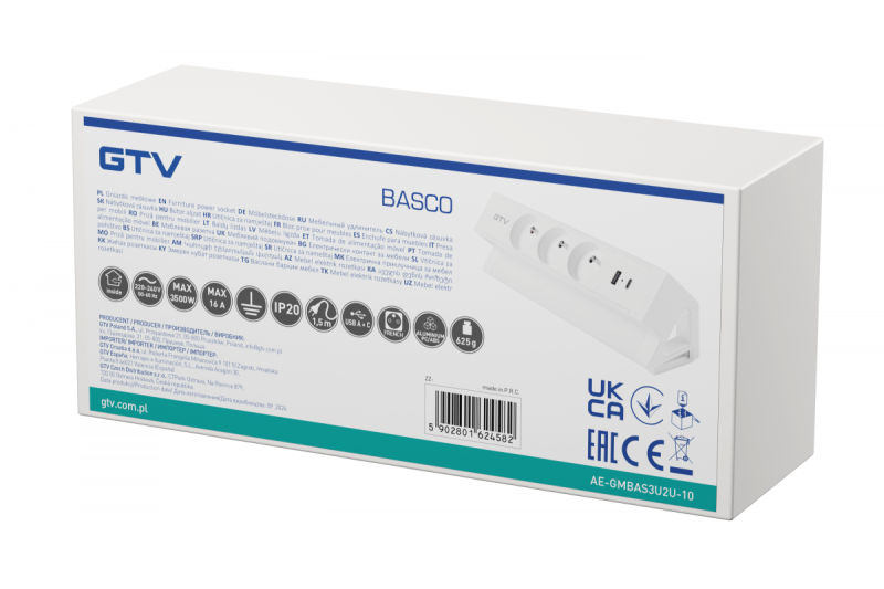 Basco Möbel-Steckdose, 3 x Steckdose mit Erdung, USB A+C, 1,5 m Kabel, weiß mit Montage