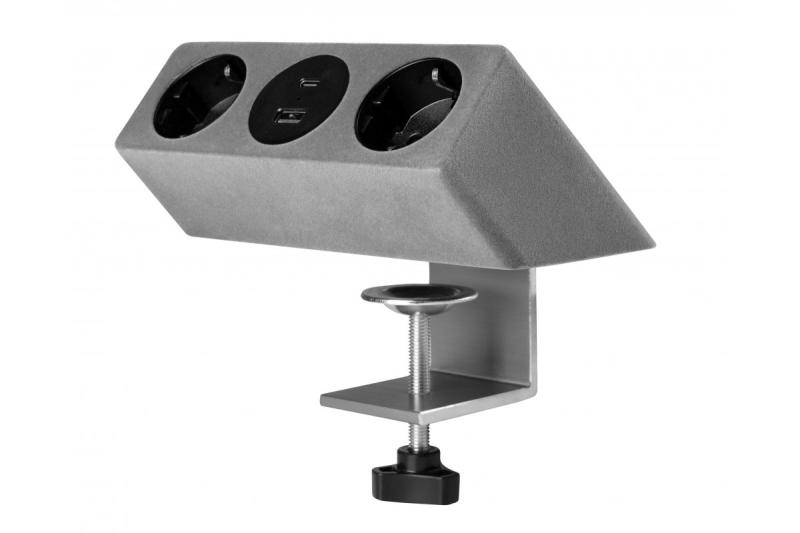 Möbelsteckdose SOFITO, 2xSCHUKO, USB A+C, Kabel 1,5 m, grauer Flock