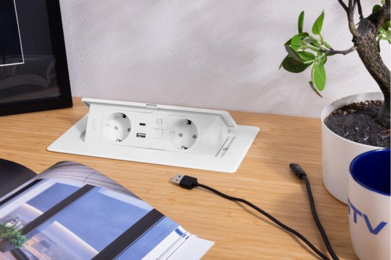 Möbelsteckdose MULTISOFT, 2xSCHUKO, USB A+C, RJ45, Kabel 1,5 m, weiß