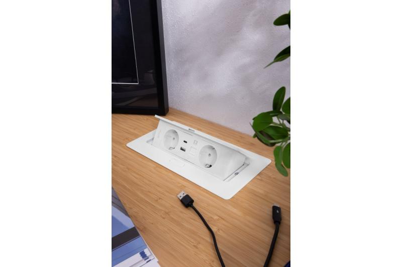Möbelsteckdose MULTISOFT, 2xSCHUKO, USB A+C, RJ45, Kabel 1,5 m, weiß