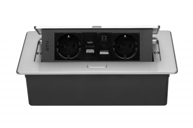 Möbelsteckdose MULTISOFT, 2x SCHUKO, USB A+C, RJ45, Kabel 1,5 m, Aluminium