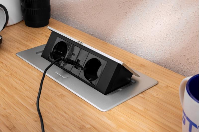 Möbelsteckdose MULTISOFT, 2x SCHUKO, USB A+C, RJ45, Kabel 1,5 m, Aluminium