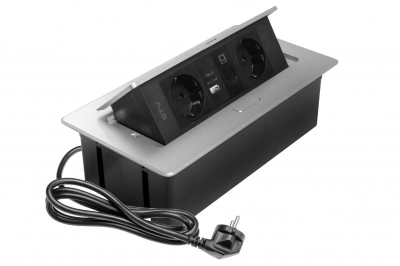 Möbelsteckdose MULTISOFT, 2x SCHUKO, USB A+C, RJ45, Kabel 1,5 m, Aluminium